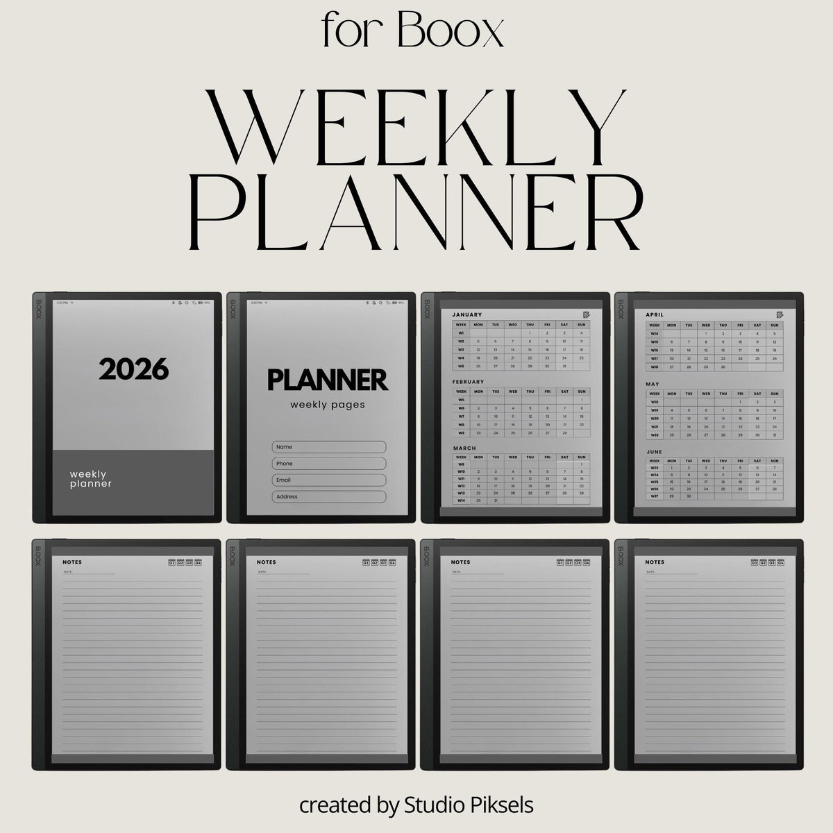 2026 Hyperlinked Weekly Planner for BOOX with linked weekly layouts, quarterly calendars, and minimalist digital productivity pages.