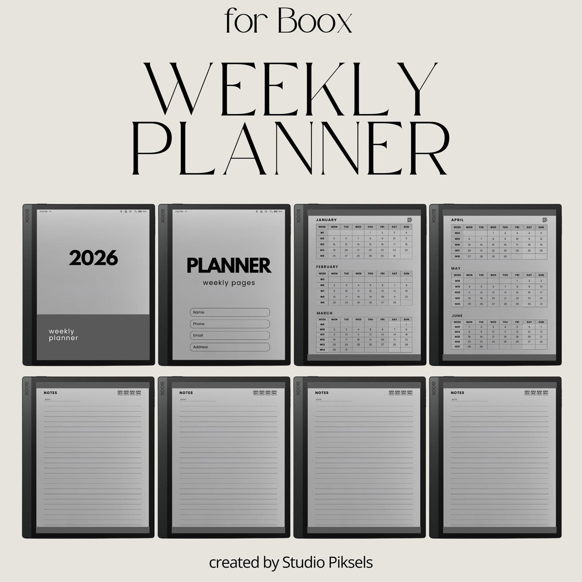 2026 Hyperlinked Weekly Planner for BOOX with linked weekly layouts, quarterly calendar pages, and minimalist digital planning design.