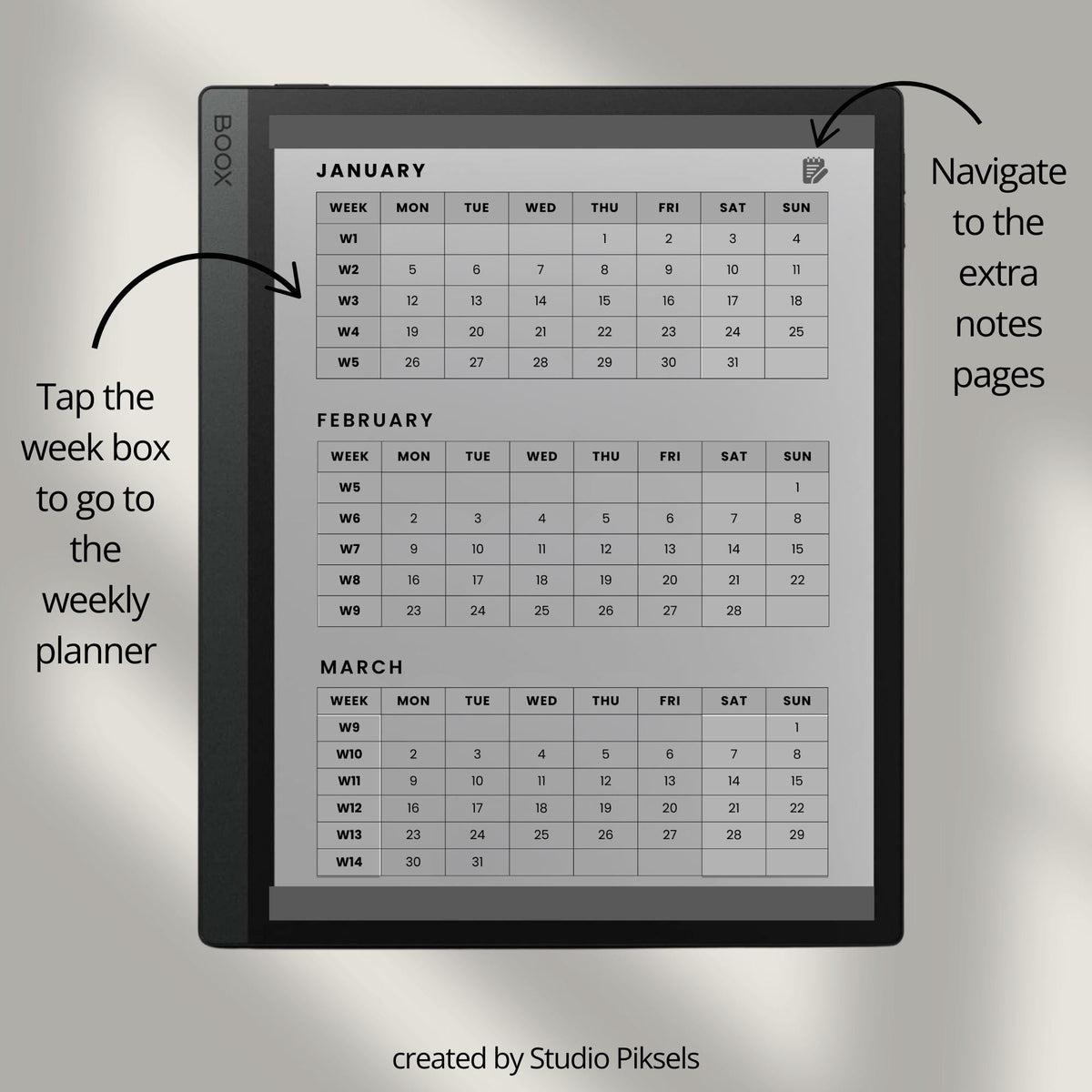 2026 Hyperlinked Weekly Planner for BOOX with linked weekly layouts, quarterly calendars, and minimalist digital productivity pages.