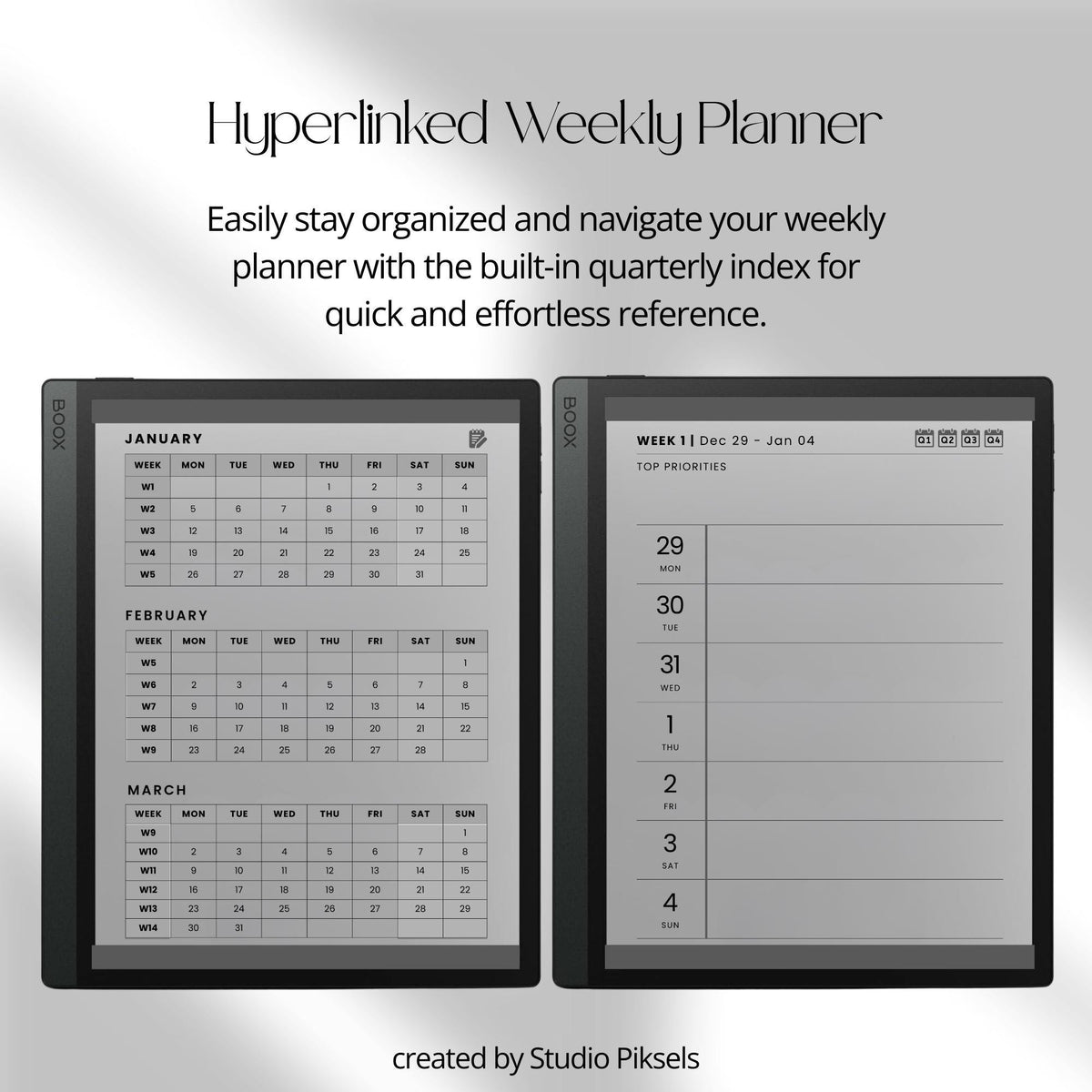 2026 Hyperlinked Weekly Planner for BOOX with linked weekly layouts, quarterly calendars, and minimalist digital productivity pages.