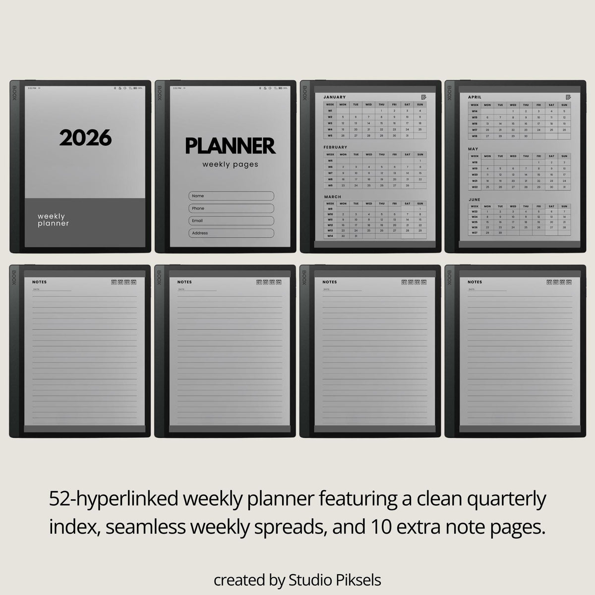 2026 Hyperlinked Weekly Planner for BOOX with linked weekly layouts, quarterly calendars, and minimalist digital productivity pages.
