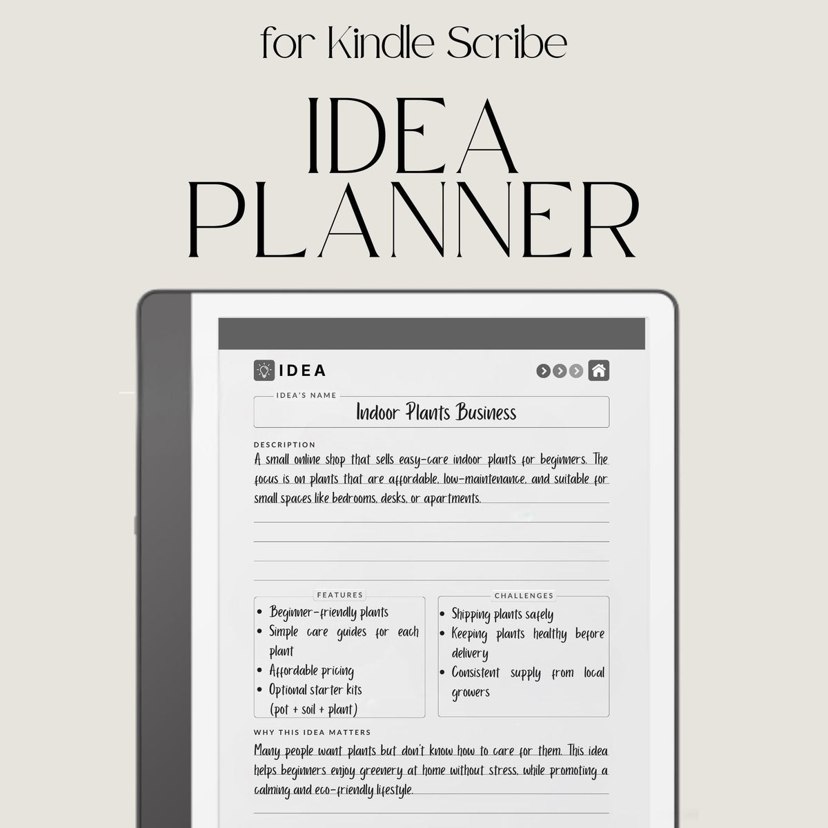 Idea Planner for Kindle Scribe with guided brainstorming layouts, planning pages, review sections, and hyperlinked digital notes pages.