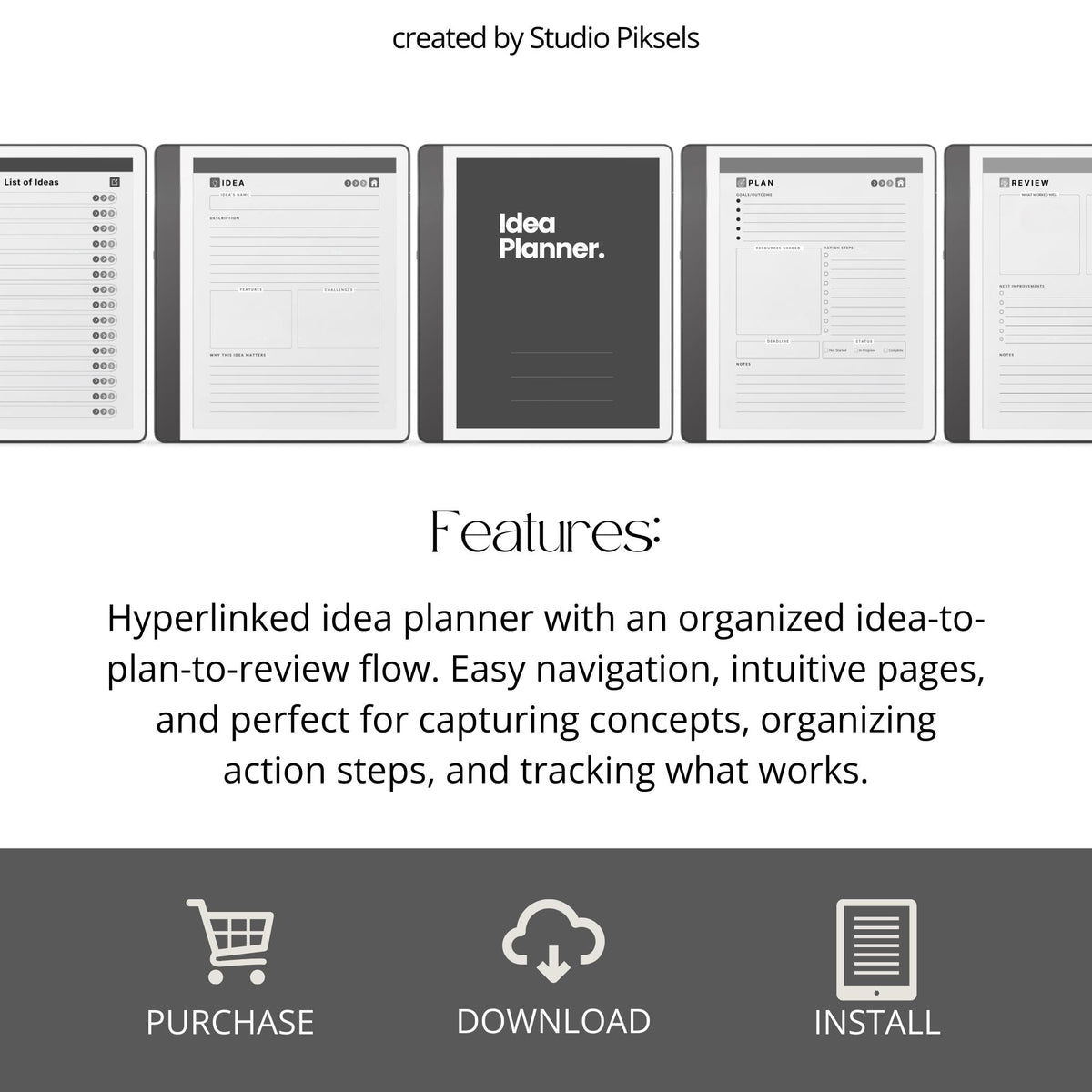 Idea Planner for Kindle Scribe with guided brainstorming layouts, planning pages, review sections, and hyperlinked digital notes pages.
