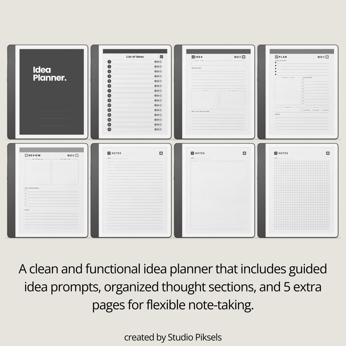 Idea Planner for Kindle Scribe with guided brainstorming layouts, planning pages, review sections, and hyperlinked digital notes pages.