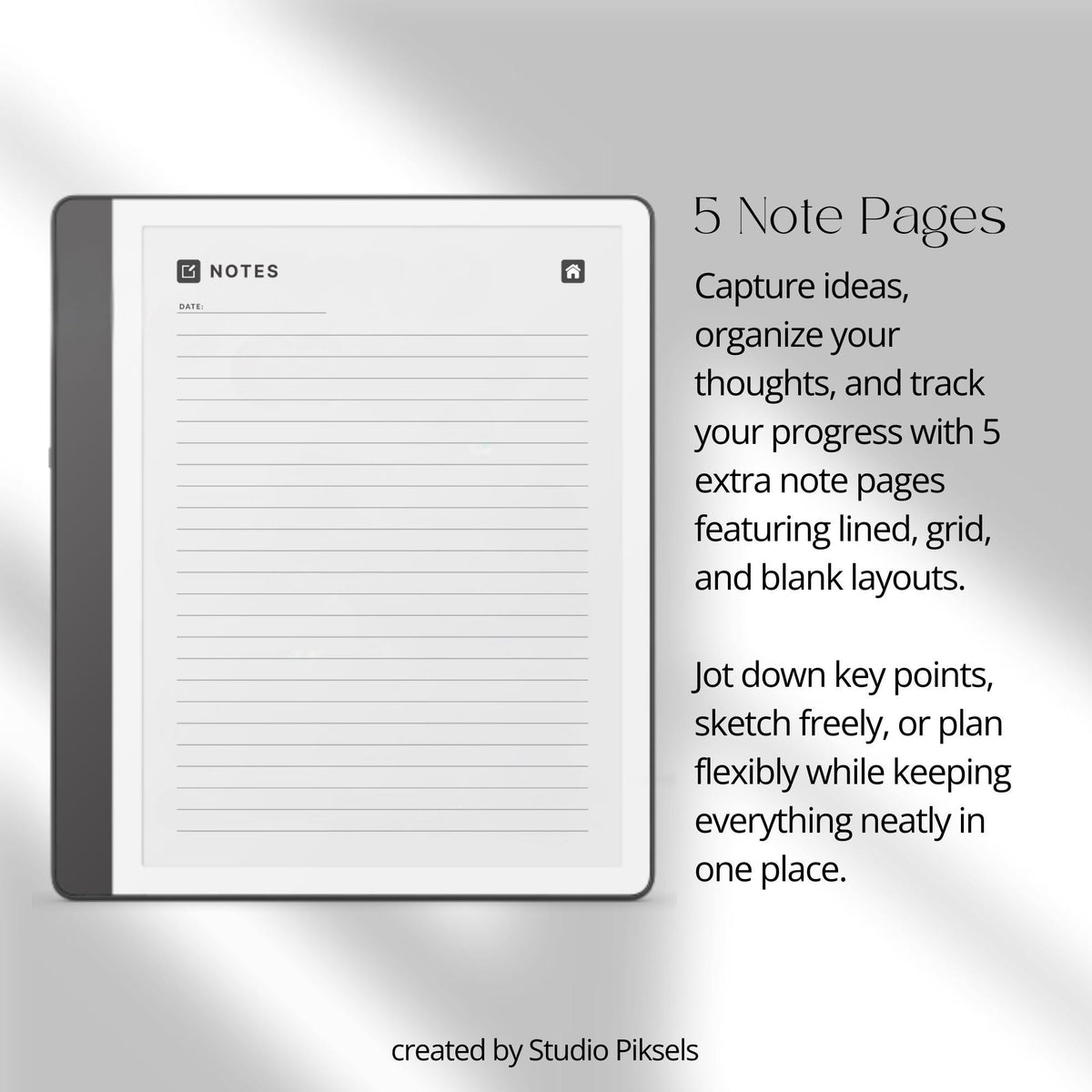Idea Planner for Kindle Scribe with guided brainstorming layouts, planning pages, review sections, and hyperlinked digital notes pages.