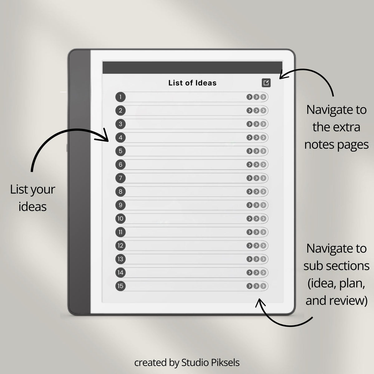 Idea Planner for Kindle Scribe with guided brainstorming layouts, planning pages, review sections, and hyperlinked digital notes pages.