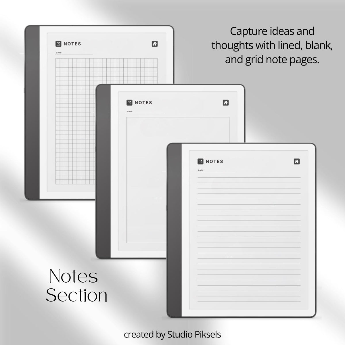 Idea Planner for Kindle Scribe with guided brainstorming layouts, planning pages, review sections, and hyperlinked digital notes pages.