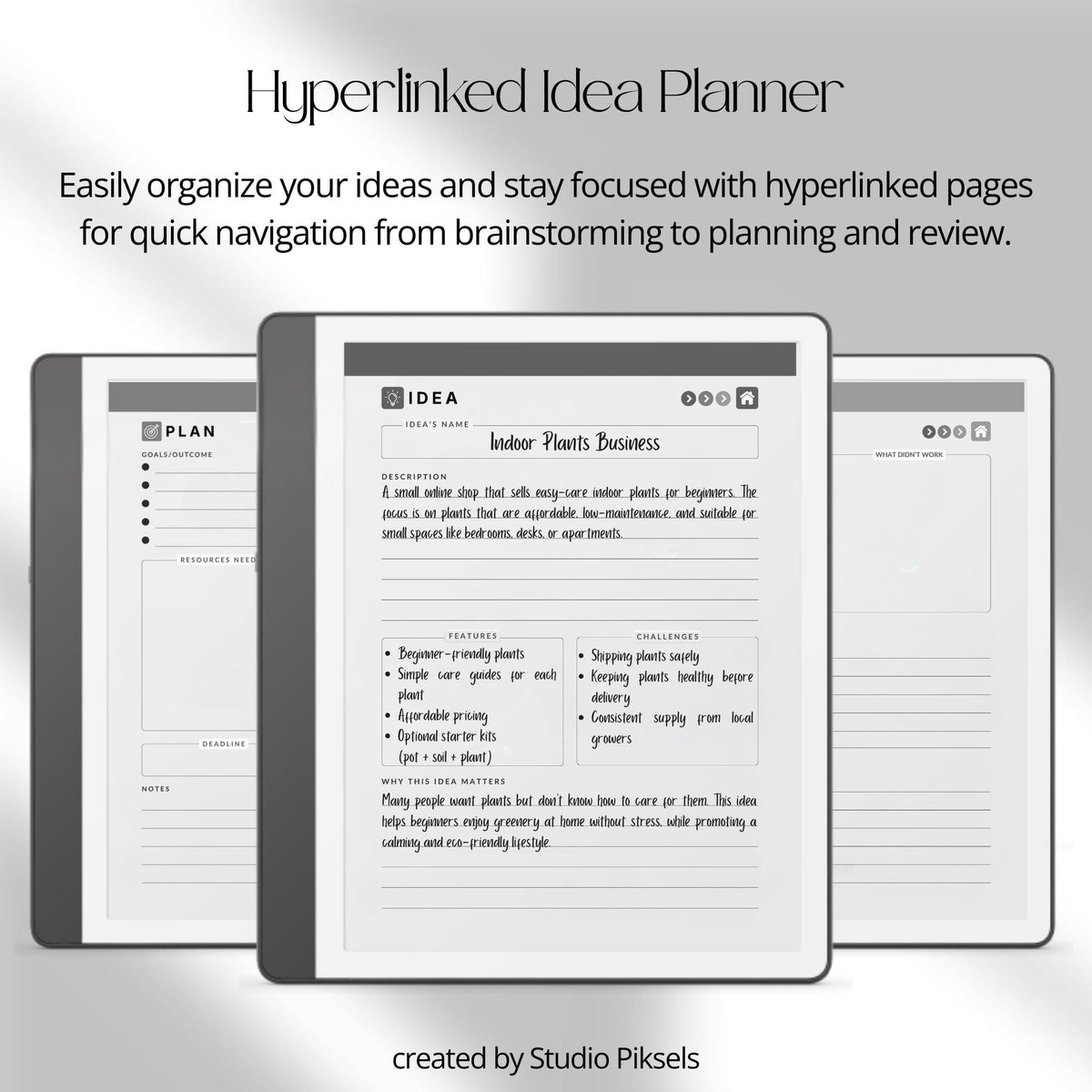 Idea Planner for Kindle Scribe with guided brainstorming layouts, planning pages, review sections, and hyperlinked digital notes pages.