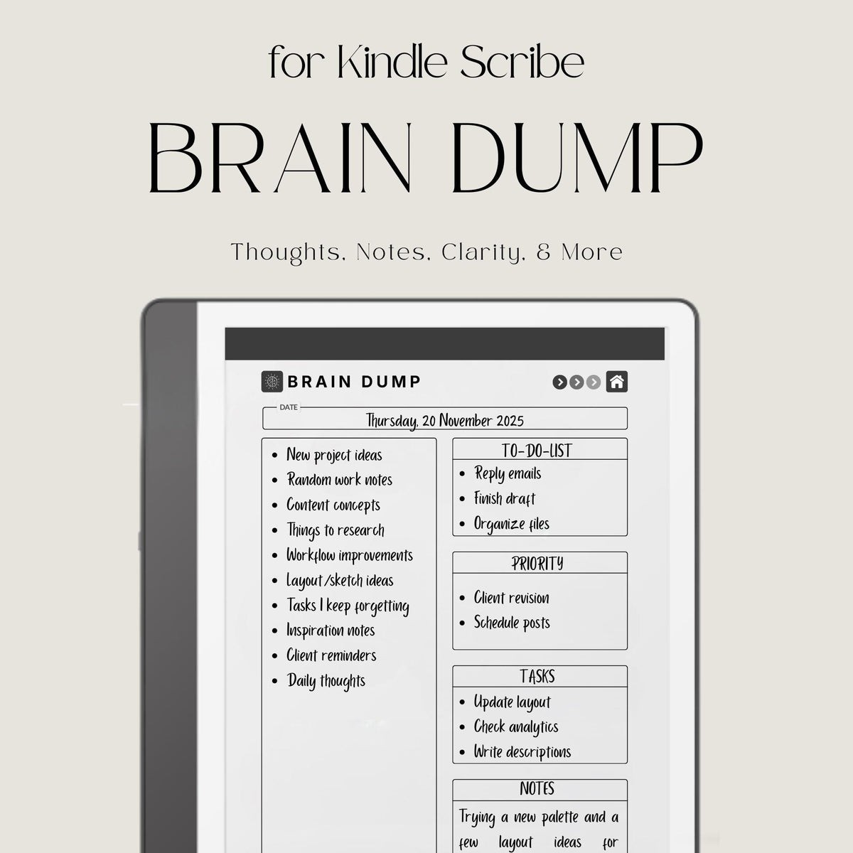 Brain Dump Notebook for Kindle Scribe featuring structured box layouts, lined list pages, open writing spaces, and hyperlinked navigation for brainstorming, planning, and digital note-taking.