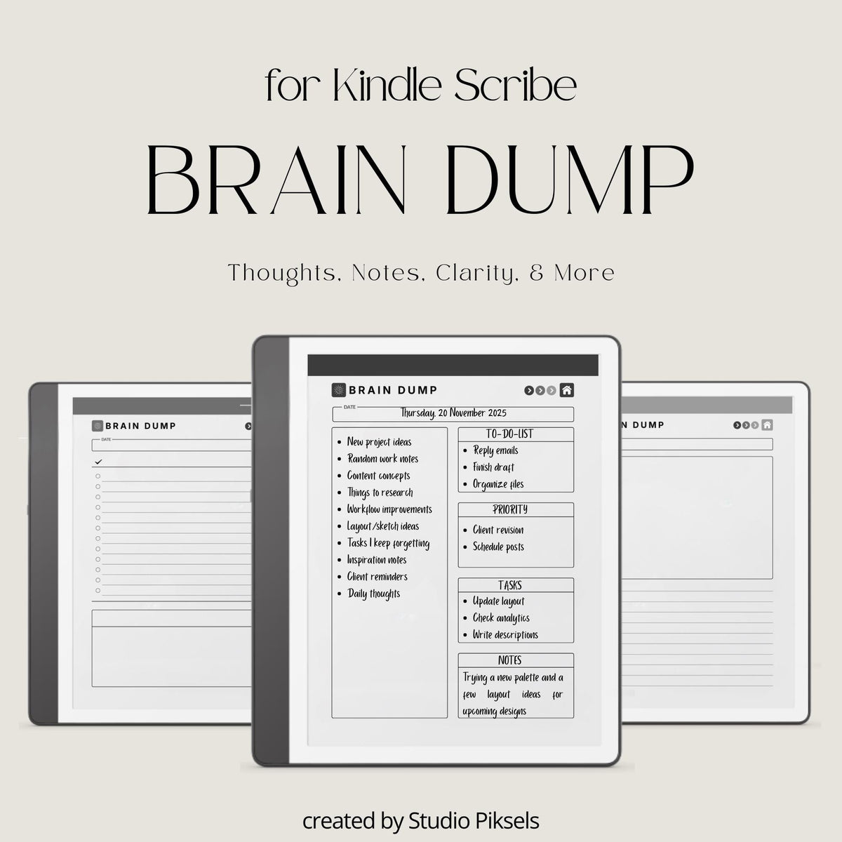 Brain Dump Notebook for Kindle Scribe featuring structured box layouts, lined list pages, open writing spaces, and hyperlinked navigation for brainstorming, planning, and digital note-taking.