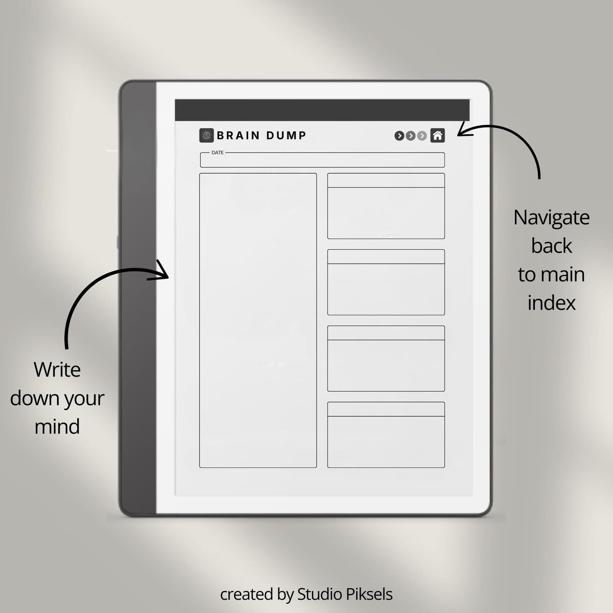 Brain Dump Notebook for Kindle Scribe featuring structured box layouts, lined list pages, open writing spaces, and hyperlinked navigation for brainstorming, planning, and digital note-taking.