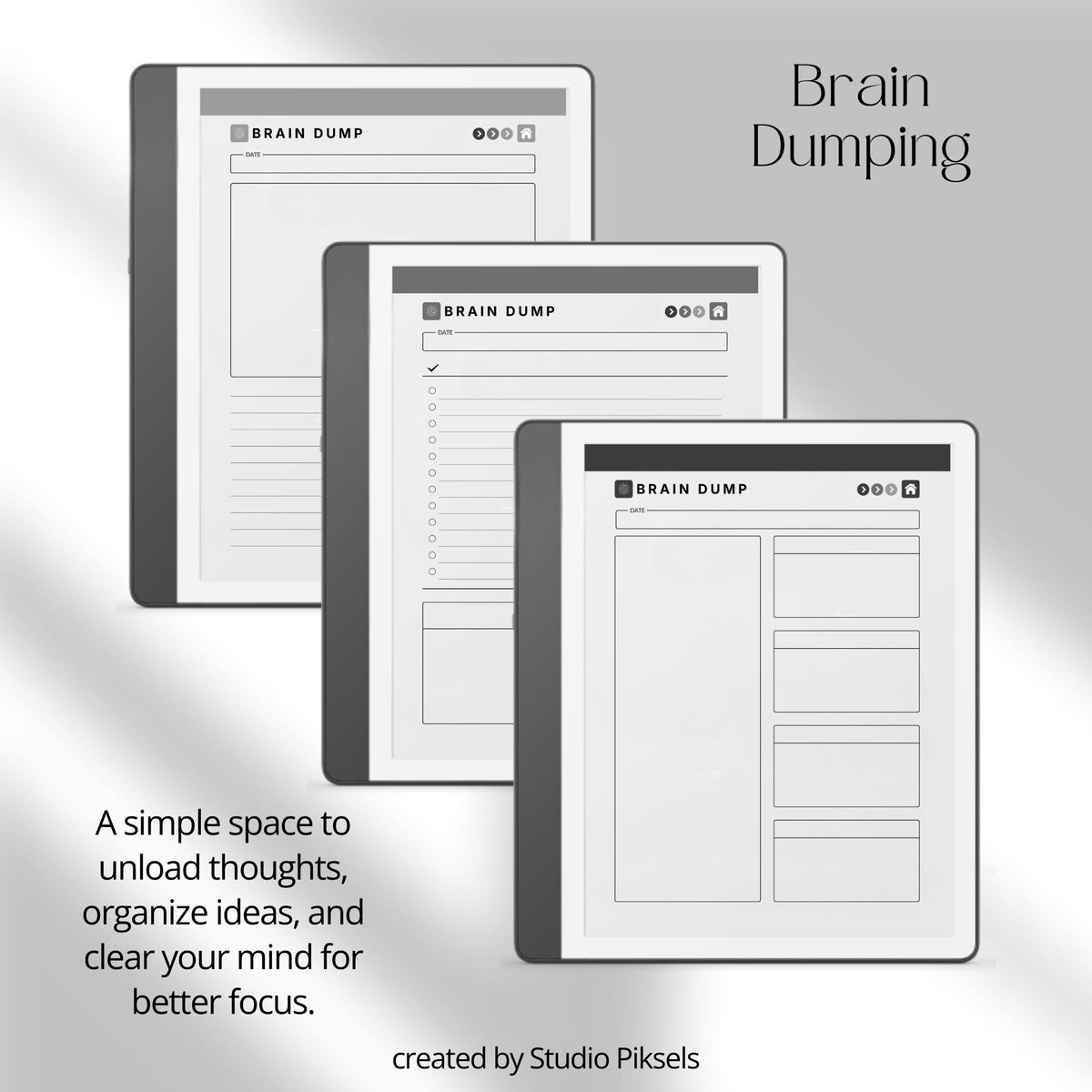 Brain Dump Notebook for Kindle Scribe featuring structured box layouts, lined list pages, open writing spaces, and hyperlinked navigation for brainstorming, planning, and digital note-taking.