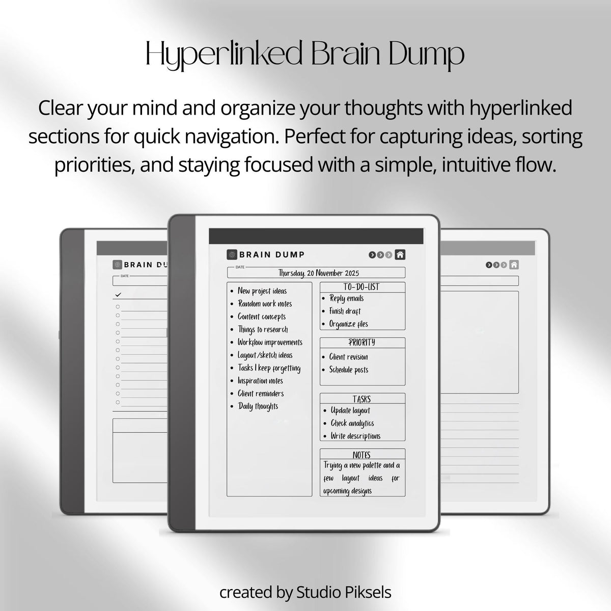 Brain Dump Notebook for Kindle Scribe featuring structured box layouts, lined list pages, open writing spaces, and hyperlinked navigation for brainstorming, planning, and digital note-taking.