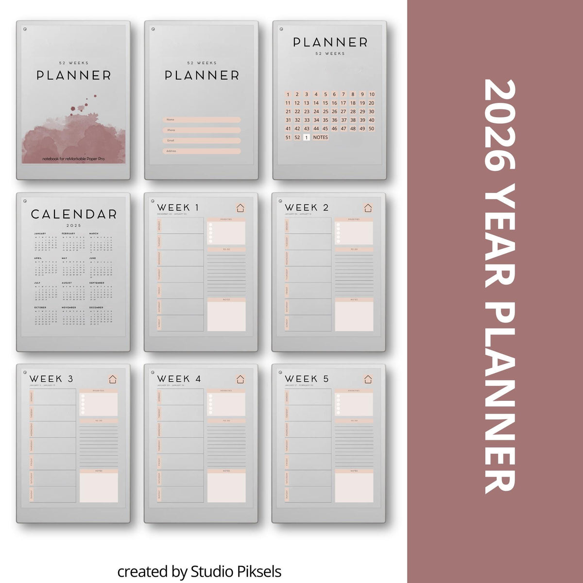 2026 Year Planner for reMarkable Paper Pro with hyperlinked weekly planning pages, minimalist scheduling layouts, task management sections, and digital PDF organization tools.