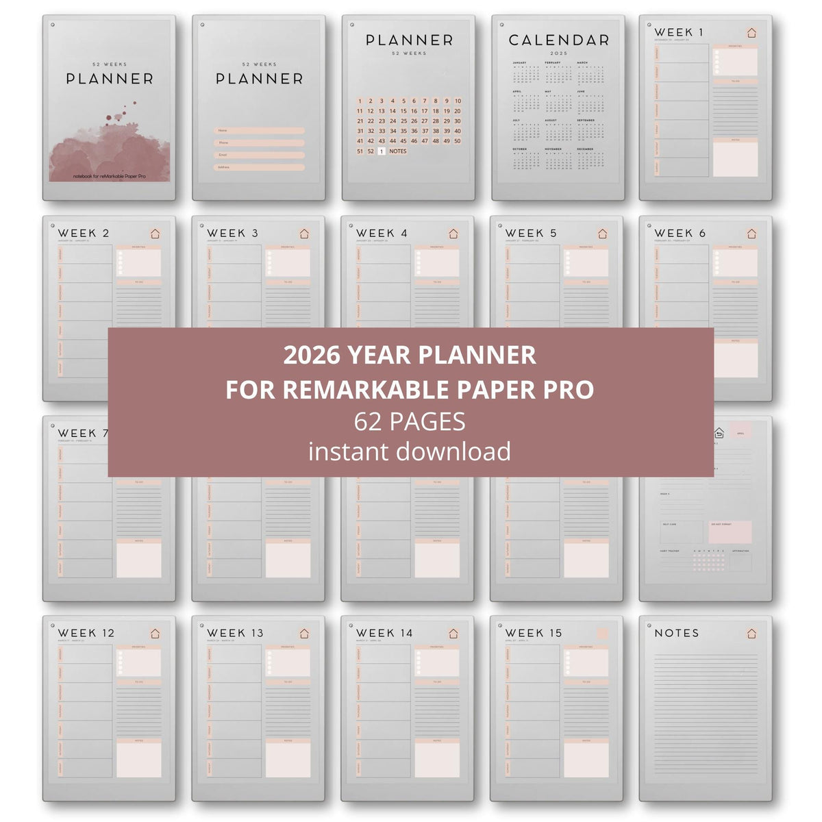 2026 Year Planner for reMarkable Paper Pro with hyperlinked weekly planning pages, minimalist scheduling layouts, task management sections, and digital PDF organization tools.