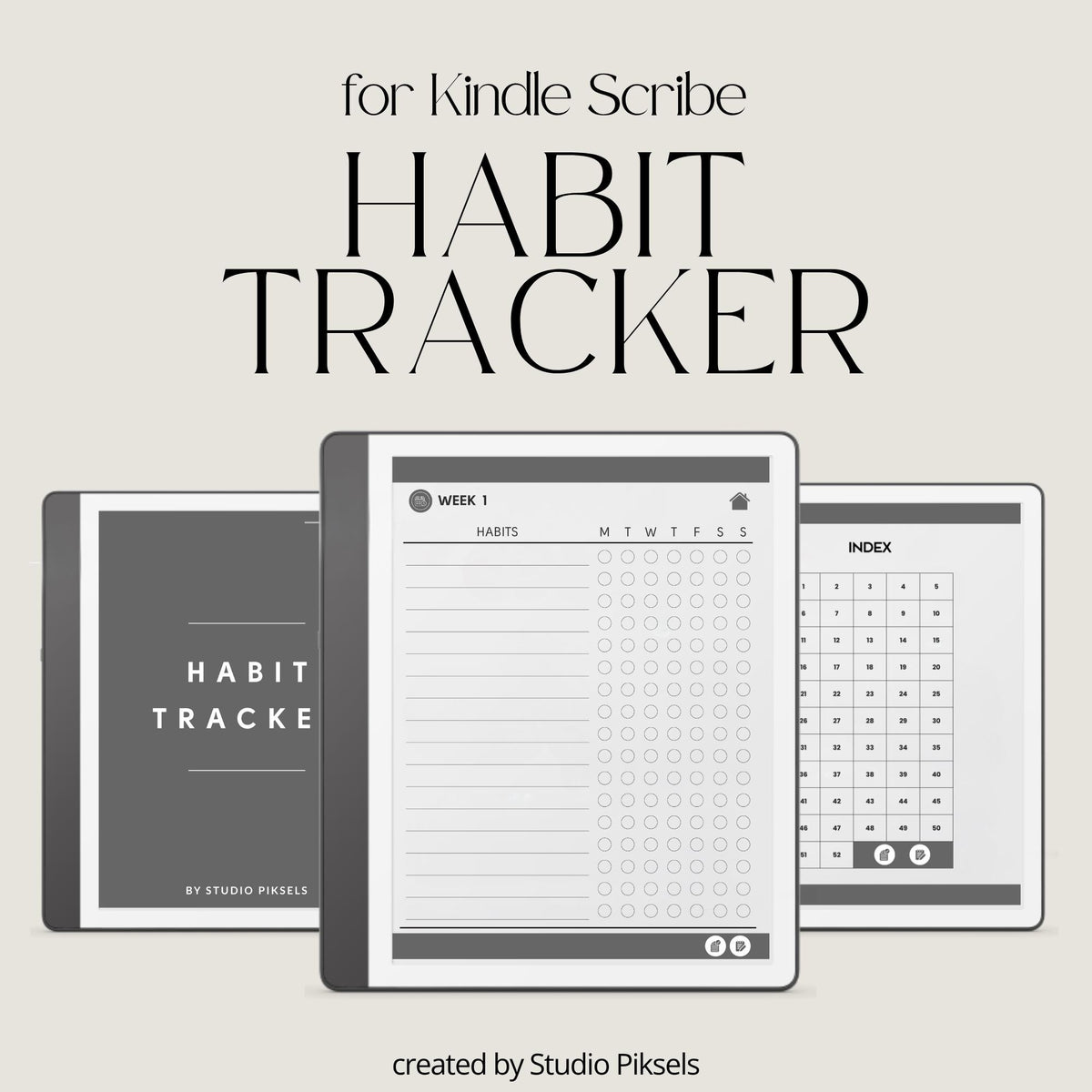 Minimalist hyperlinked Habit Tracker for Kindle Scribe with weekly habit tracking pages, clickable index navigation, checklist sections, and clean digital planning layout.