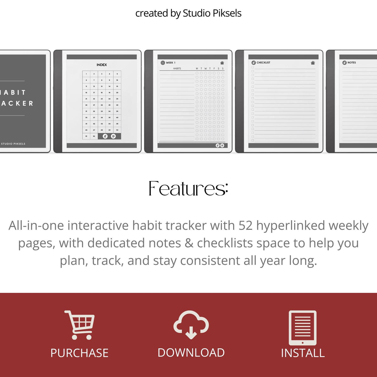 Minimalist hyperlinked Habit Tracker for Kindle Scribe with weekly habit tracking pages, clickable index navigation, checklist sections, and clean digital planning layout.