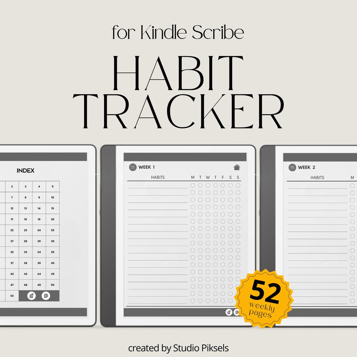 Minimalist hyperlinked Habit Tracker for Kindle Scribe with weekly habit tracking pages, clickable index navigation, checklist sections, and clean digital planning layout.