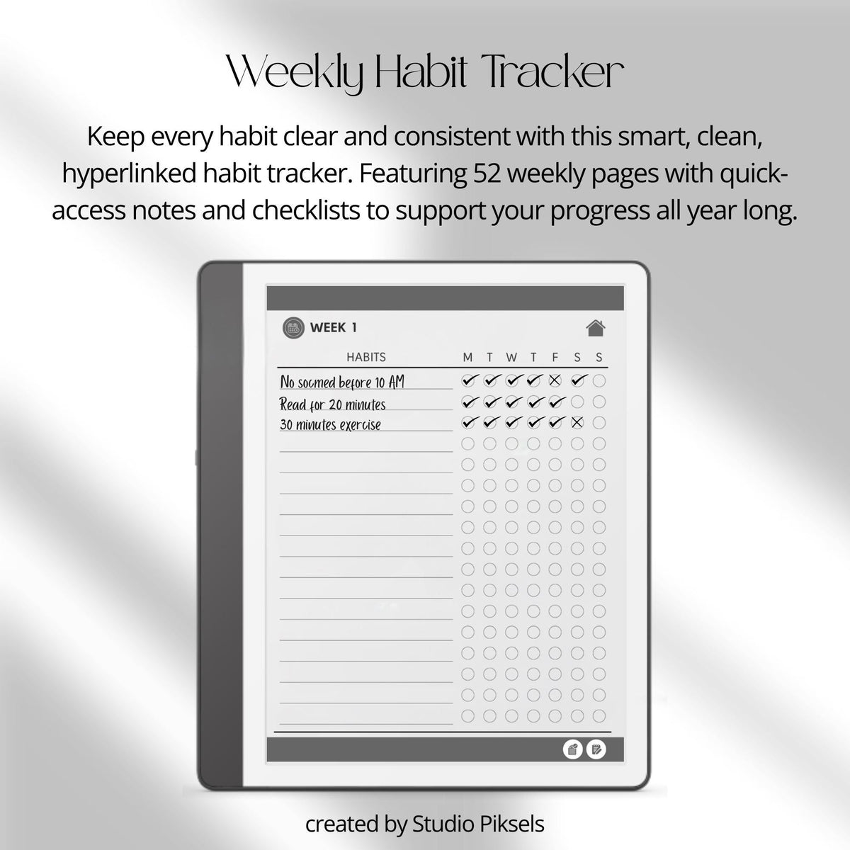 Minimalist hyperlinked Habit Tracker for Kindle Scribe with weekly habit tracking pages, clickable index navigation, checklist sections, and clean digital planning layout.