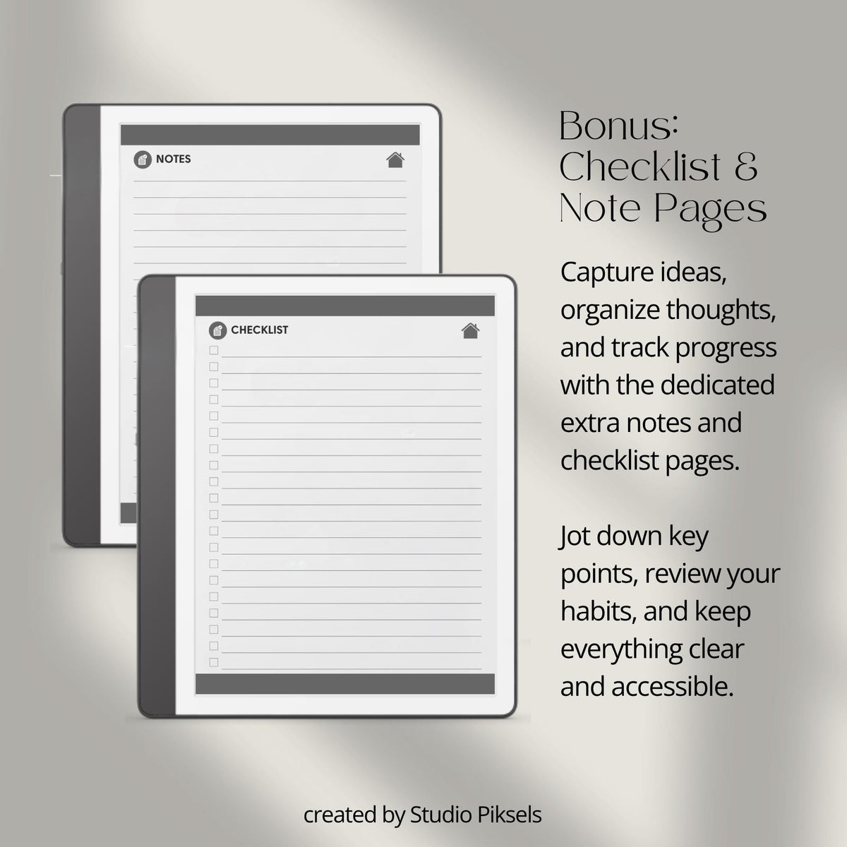 Minimalist hyperlinked Habit Tracker for Kindle Scribe with weekly habit tracking pages, clickable index navigation, checklist sections, and clean digital planning layout.