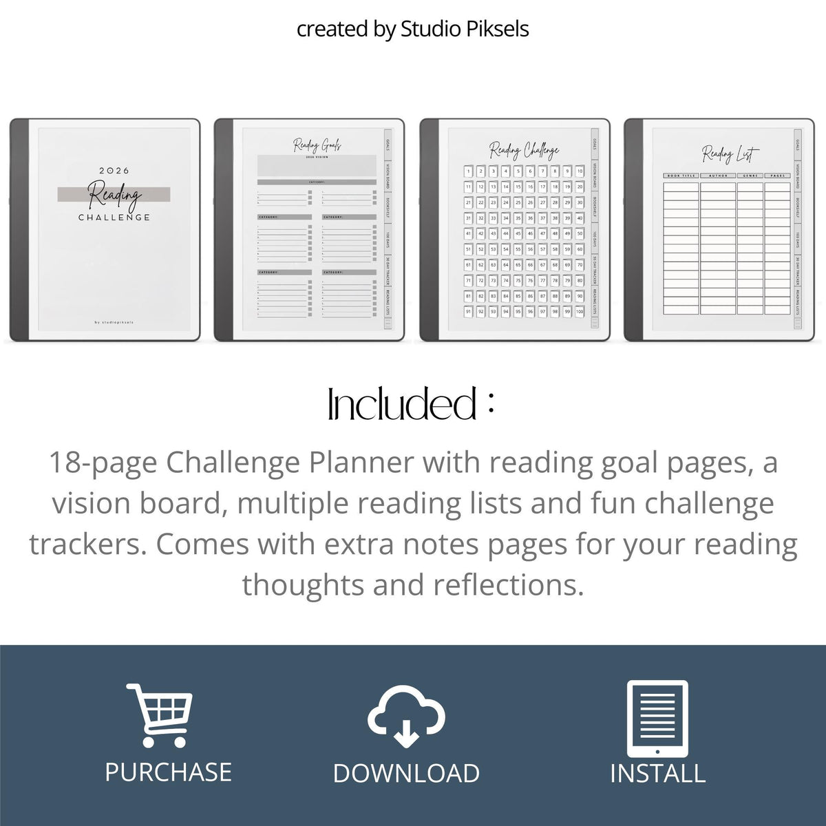 Minimalist Reading Challenge Planner for Kindle Scribe featuring reading goals, bookshelf trackers, challenge prompts, reading logs, and reflection pages.