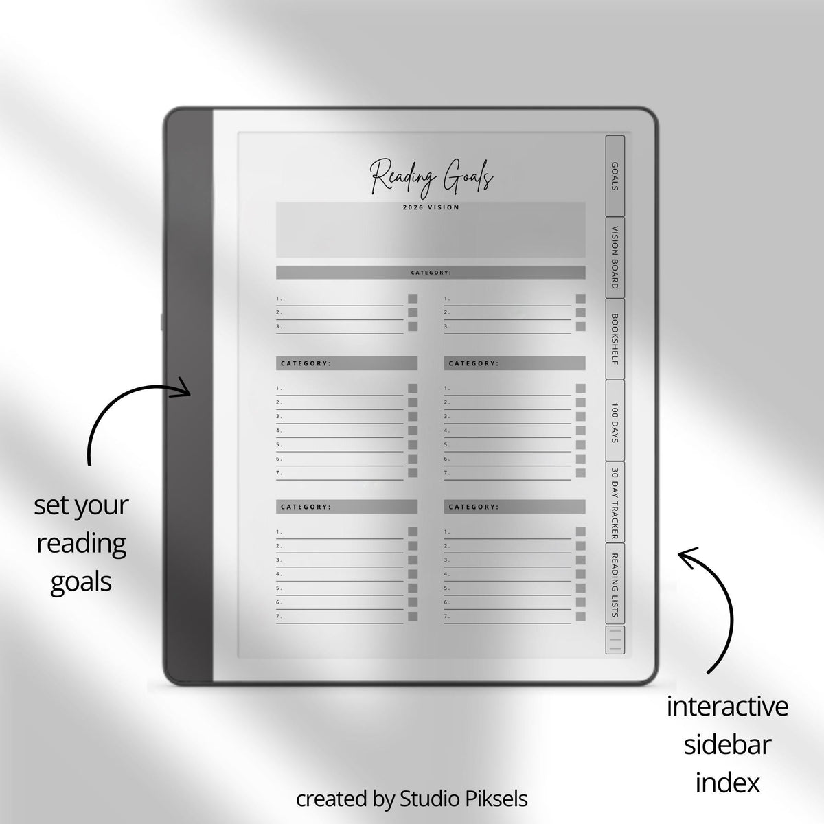 Minimalist Reading Challenge Planner for Kindle Scribe featuring reading goals, bookshelf trackers, challenge prompts, reading logs, and reflection pages.