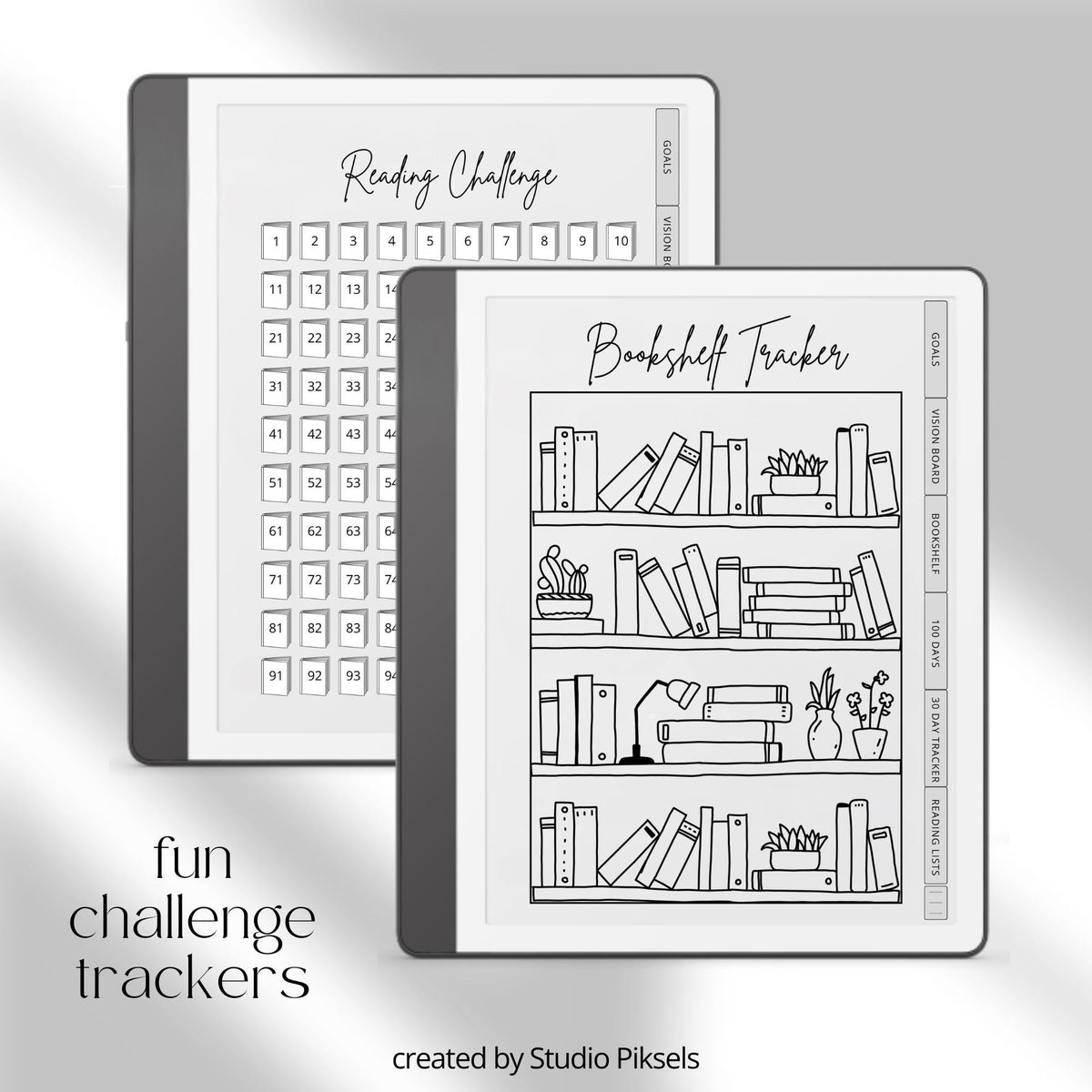 Minimalist Reading Challenge Planner for Kindle Scribe featuring reading goals, bookshelf trackers, challenge prompts, reading logs, and reflection pages.