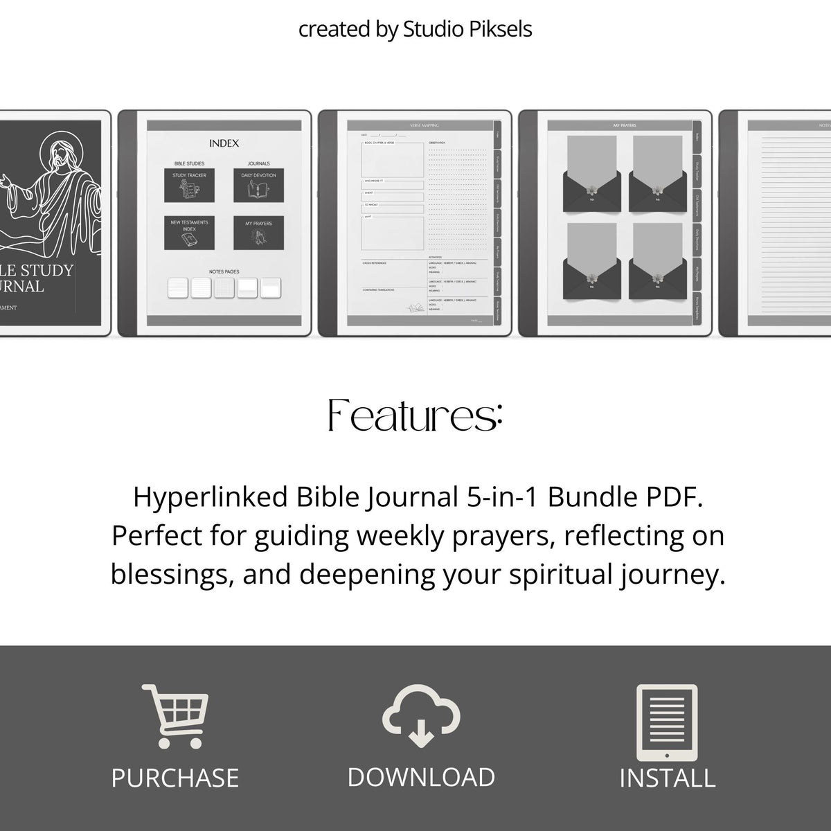 Bible Study Journal Bundle for Kindle Scribe with hyperlinked scripture study journals, sermon notes, prayer pages, and devotion templates.