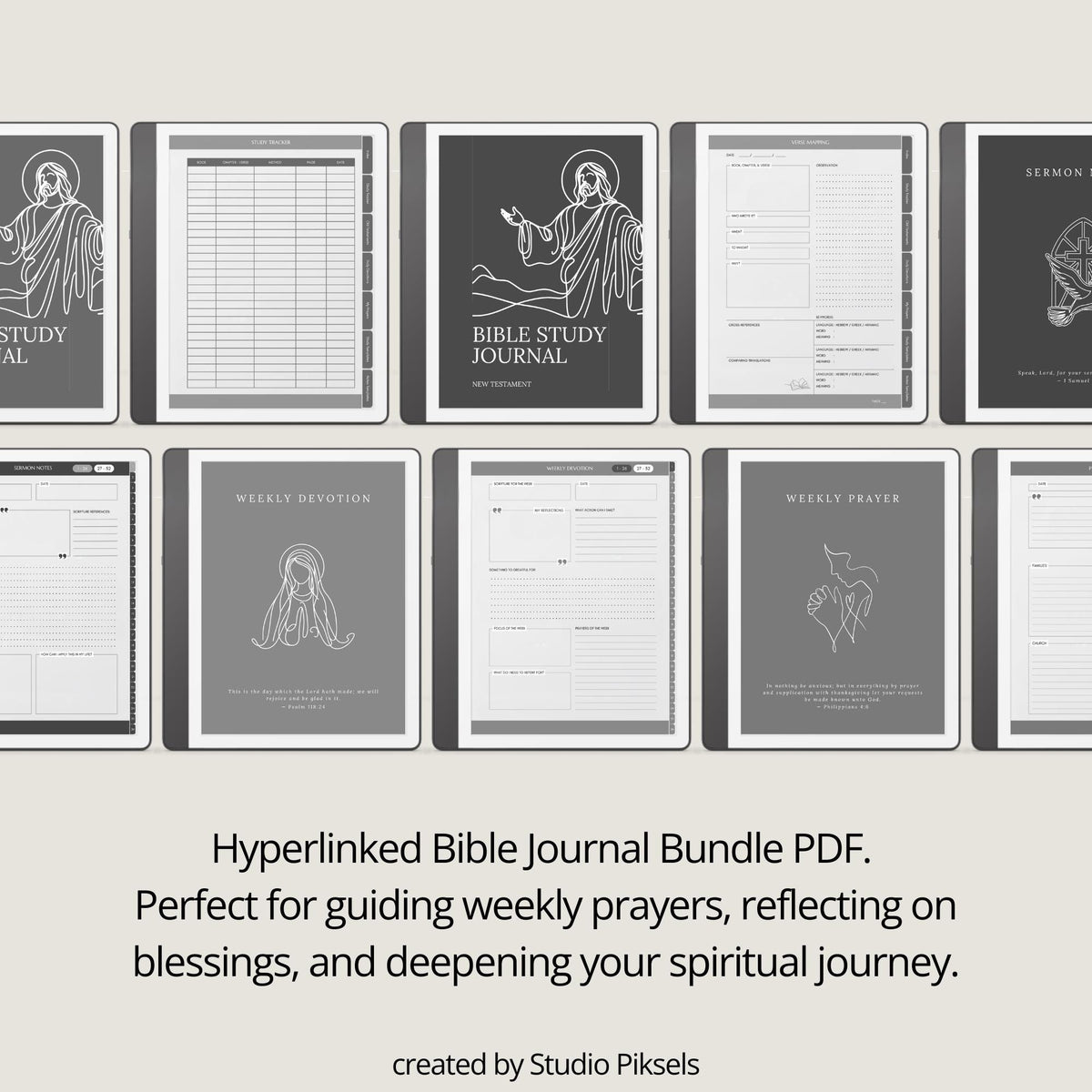 Bible Study Journal Bundle for Kindle Scribe with hyperlinked scripture study journals, sermon notes, prayer pages, and devotion templates.