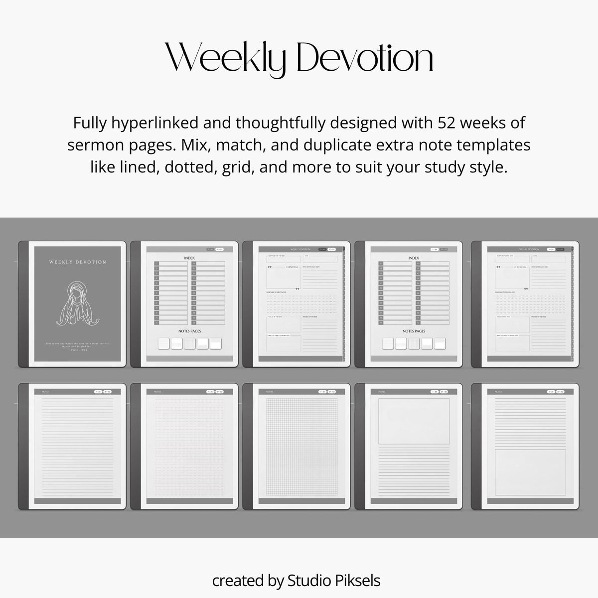 Bible Study Journal Bundle for Kindle Scribe with hyperlinked scripture study journals, sermon notes, prayer pages, and devotion templates.