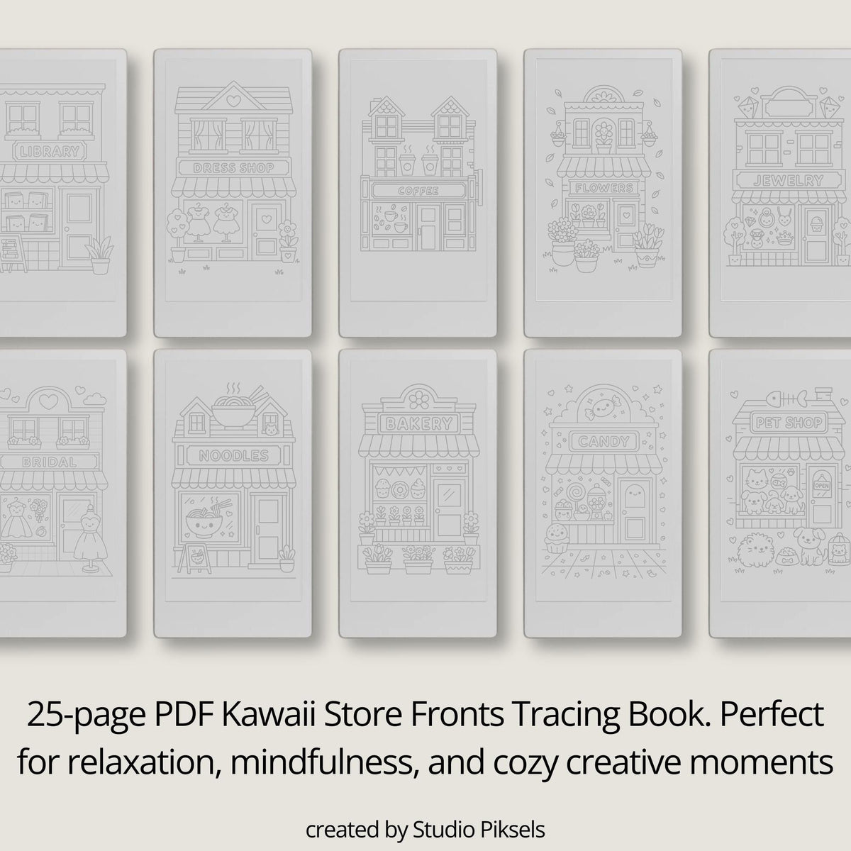 Cozy kawaii storefront tracing book for reMarkable Paper Pro Move featuring cafés, bakeries, flower shops, and cute small town tracing pages for mindful creativity and relaxation.
