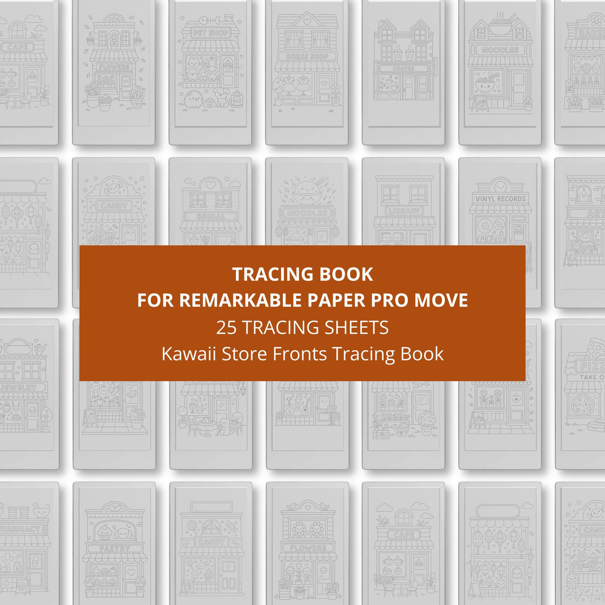 Cozy kawaii storefront tracing book for reMarkable Paper Pro Move featuring cafés, bakeries, flower shops, and cute small town tracing pages for mindful creativity and relaxation.