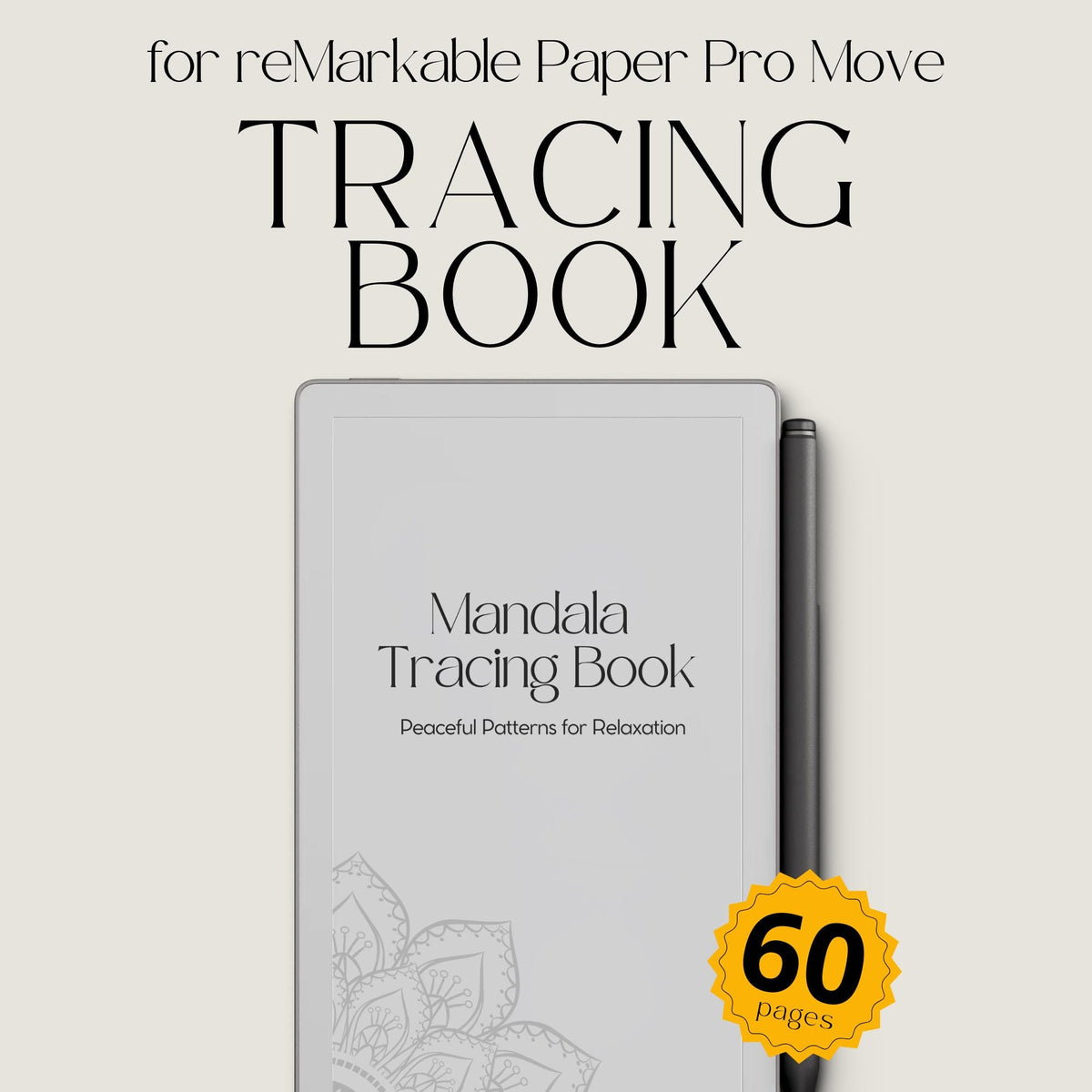 Calming mandala tracing book for reMarkable Paper Pro Move featuring floral and geometric tracing patterns with 60 mindful digital tracing pages for relaxation and creativity.
