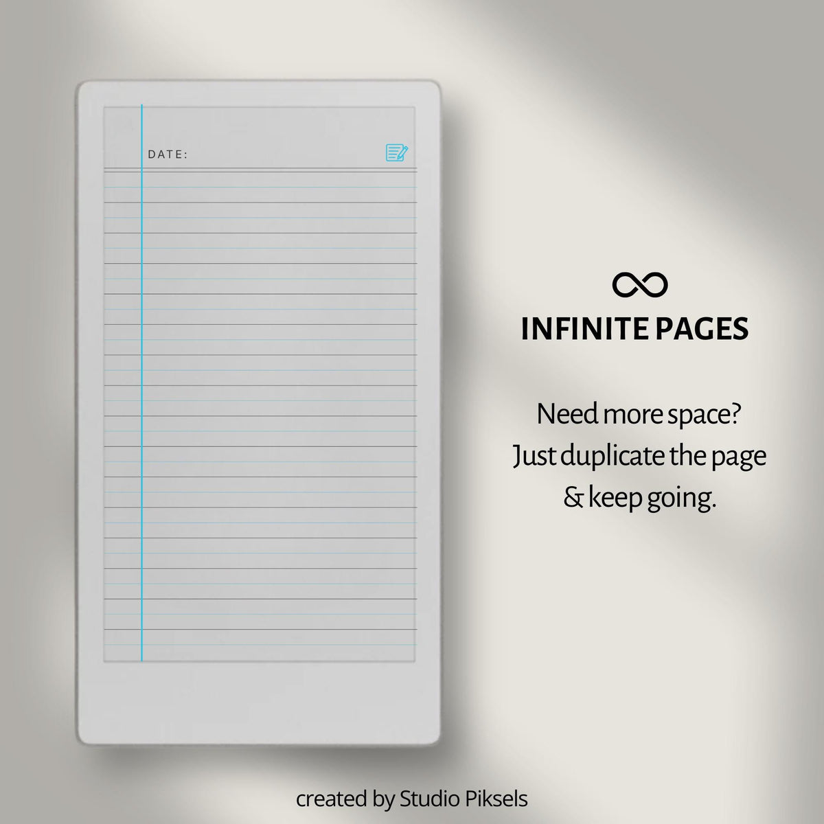 Legal ruled digital notebook for reMarkable Paper Pro Move with blue margin lines and 100 structured writing pages