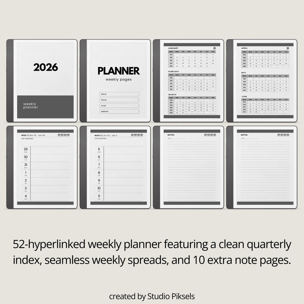 2026 Hyperlinked Weekly Planner for Kindle Scribe featuring weekly spreads, quarterly calendar overviews, linked notes pages, and minimalist digital planner layouts.