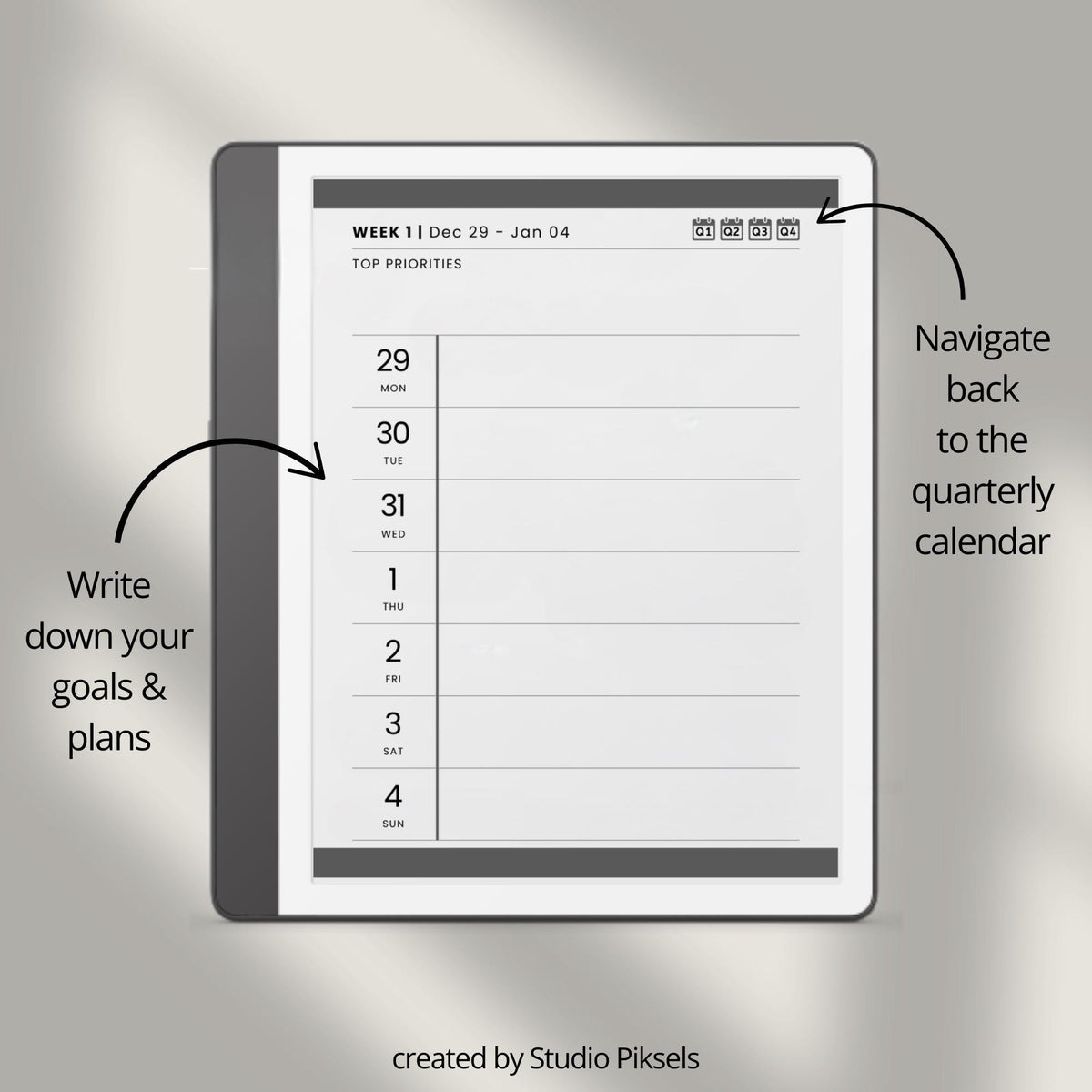 2026 Hyperlinked Weekly Planner for Kindle Scribe featuring weekly spreads, quarterly calendar overviews, linked notes pages, and minimalist digital planner layouts.