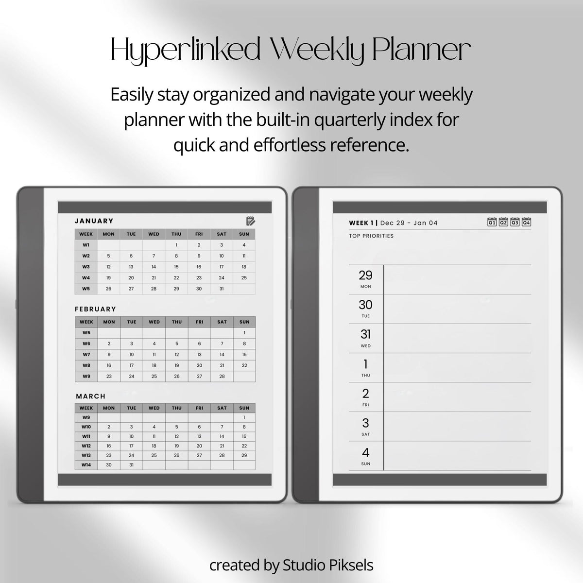 2026 Hyperlinked Weekly Planner for Kindle Scribe featuring weekly spreads, quarterly calendar overviews, linked notes pages, and minimalist digital planner layouts.