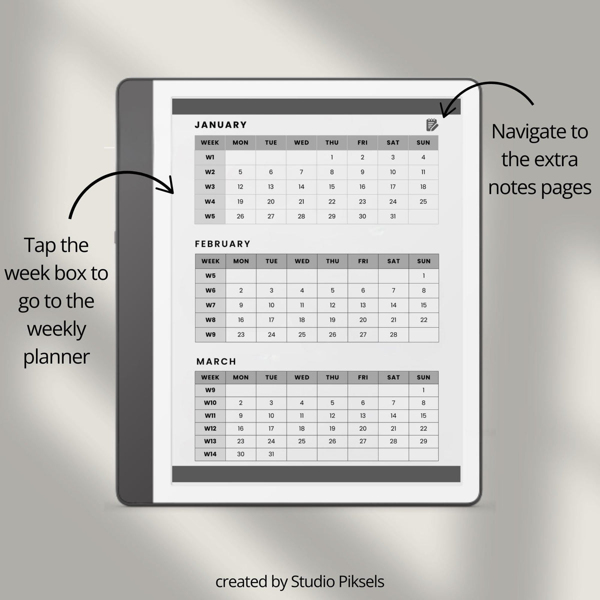 2026 Hyperlinked Weekly Planner for Kindle Scribe featuring weekly spreads, quarterly calendar overviews, linked notes pages, and minimalist digital planner layouts.