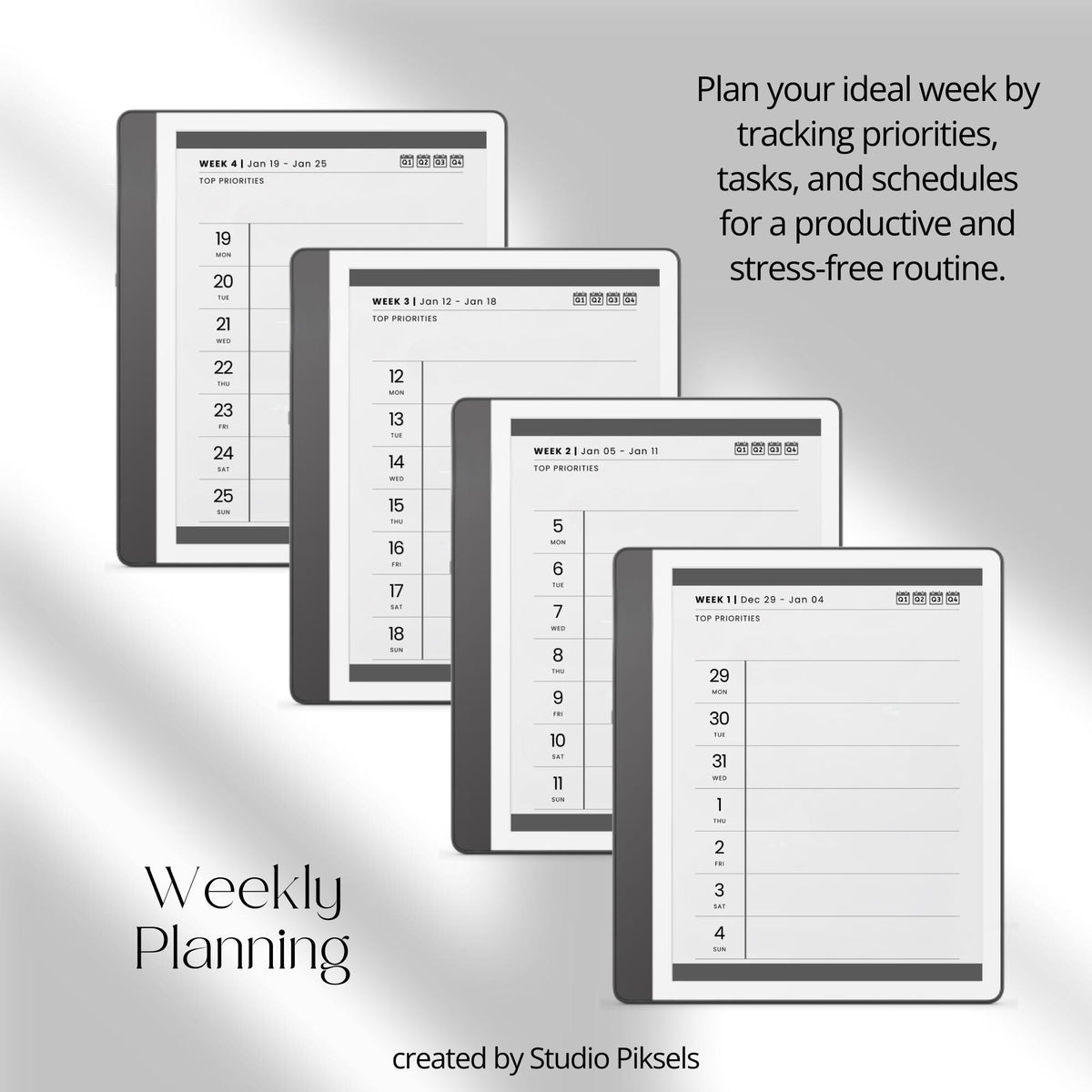 2026 Hyperlinked Weekly Planner for Kindle Scribe featuring weekly spreads, quarterly calendar overviews, linked notes pages, and minimalist digital planner layouts.