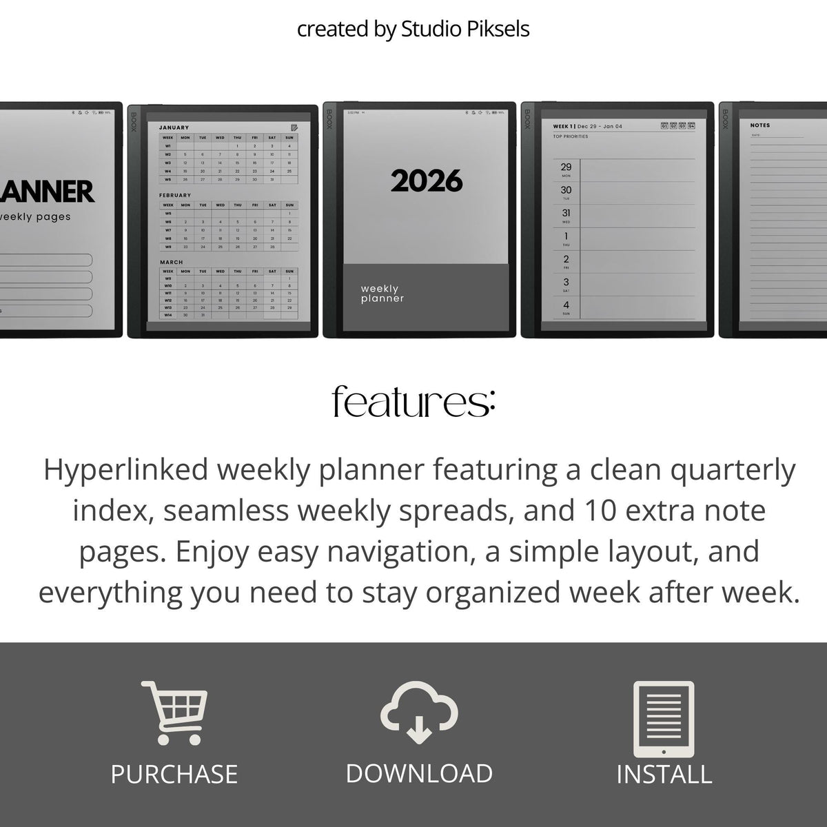 2026 Hyperlinked Weekly Planner for BOOX with linked weekly layouts, quarterly calendar pages, and minimalist digital planning design.