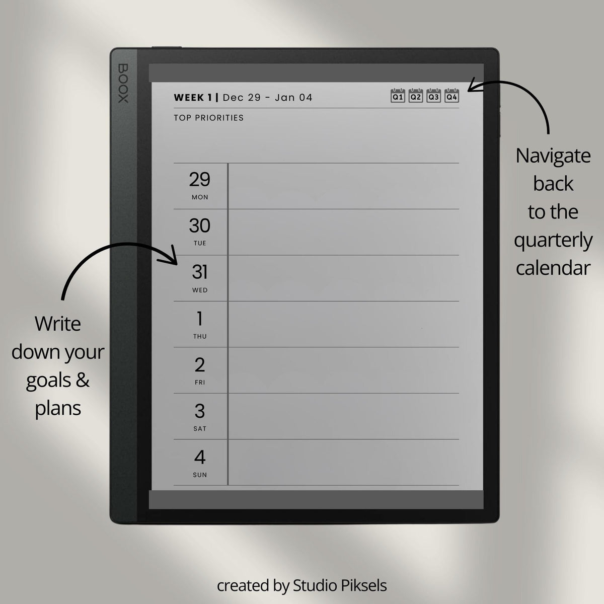 2026 Hyperlinked Weekly Planner for BOOX with linked weekly layouts, quarterly calendar pages, and minimalist digital planning design.
