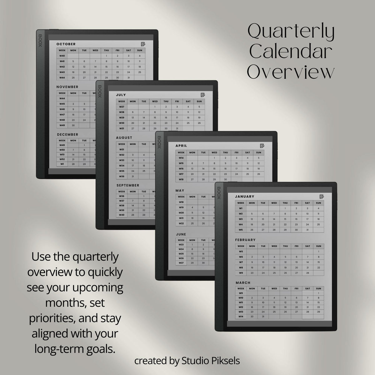 2026 Hyperlinked Weekly Planner for BOOX with linked weekly layouts, quarterly calendars, and minimalist digital productivity pages.