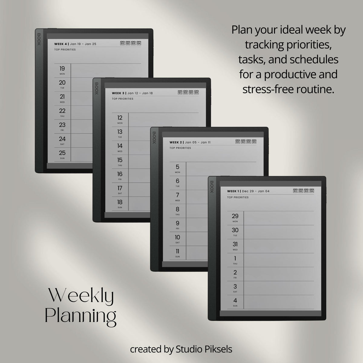 2026 Hyperlinked Weekly Planner for BOOX with linked weekly layouts, quarterly calendar pages, and minimalist digital planning design.