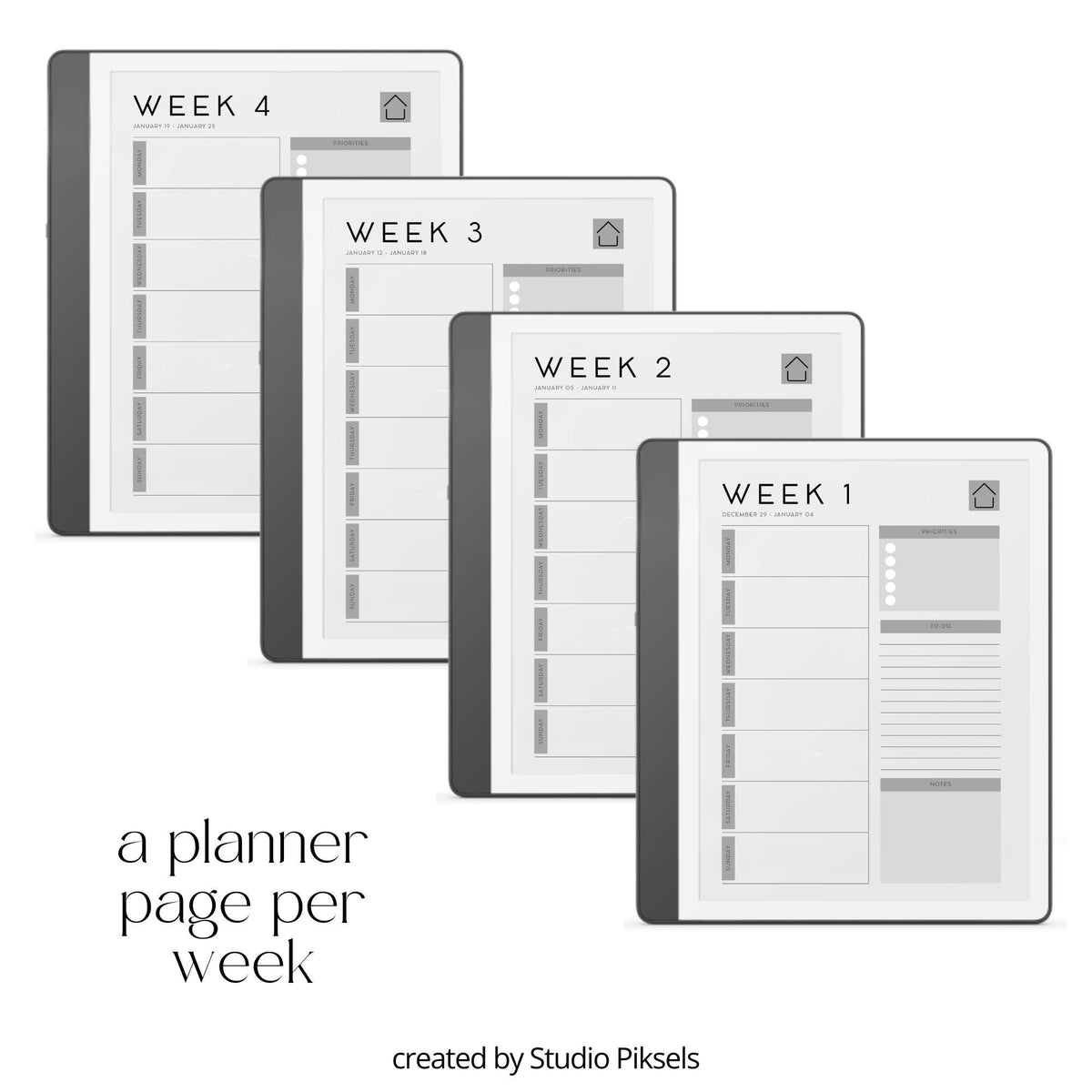 2026 Weekly Planner for Kindle Scribe with hyperlinked weekly planning pages, yearly calendar overview, and minimalist productivity layouts.