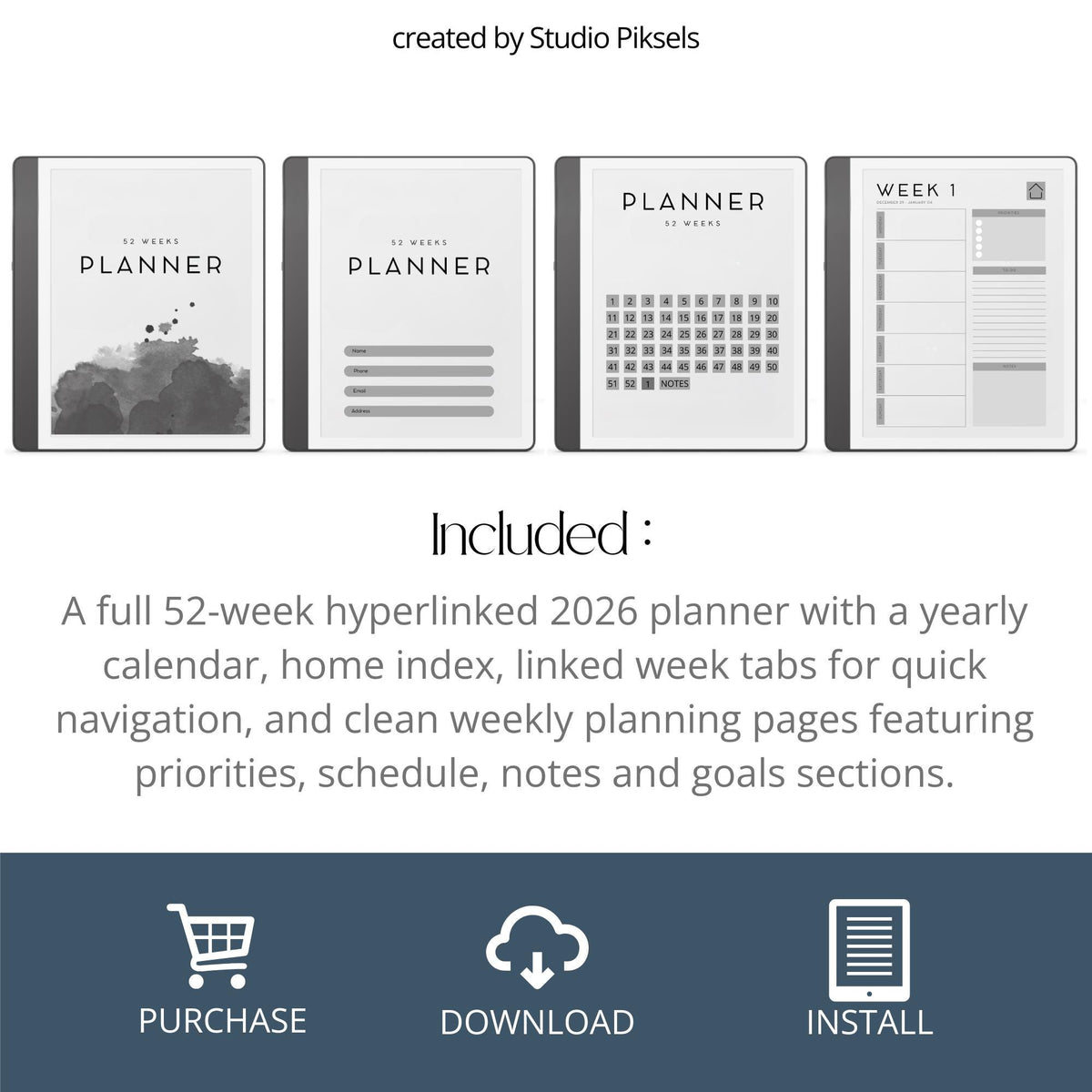 2026 Weekly Planner for Kindle Scribe with hyperlinked weekly planning pages, yearly calendar overview, and minimalist productivity layouts.