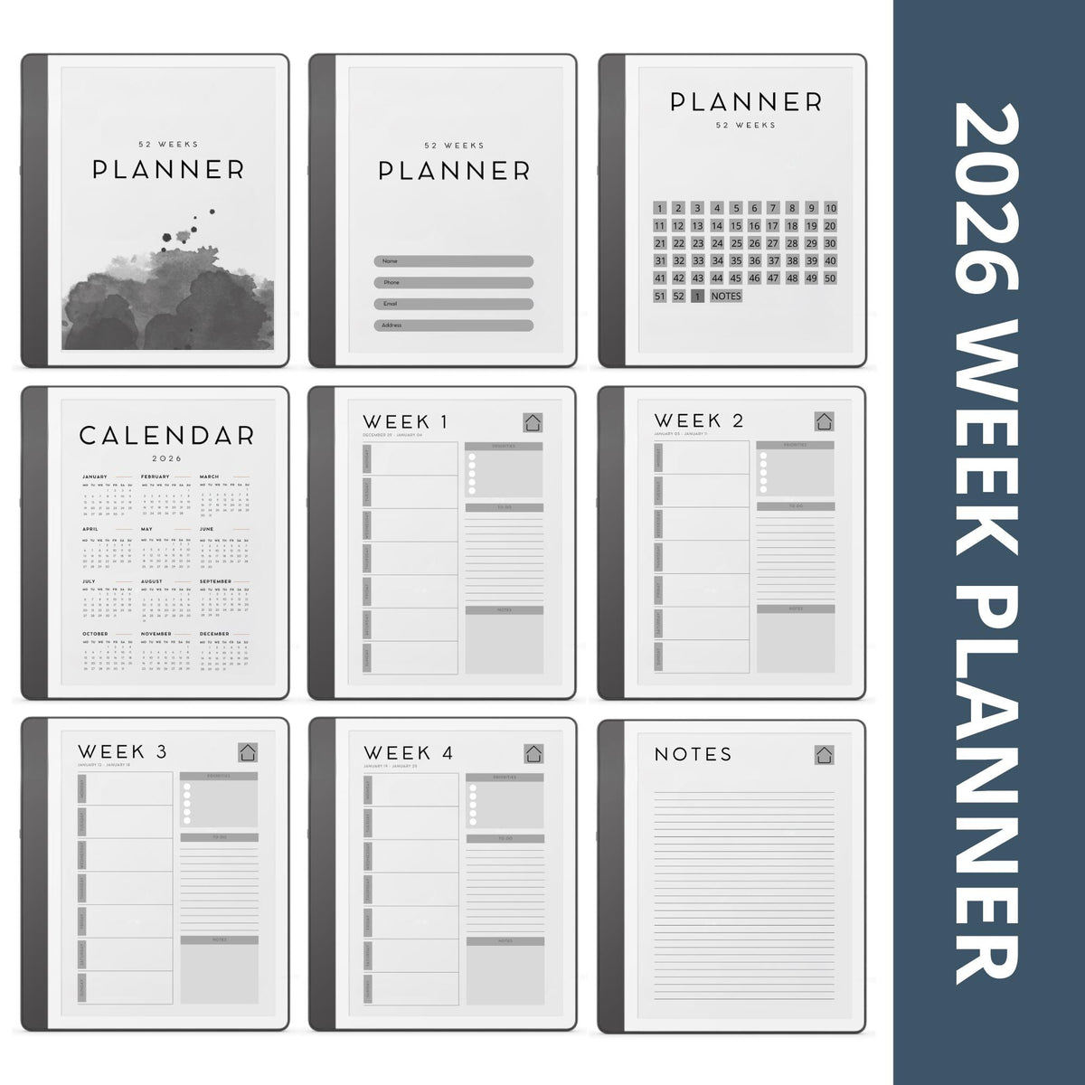 2026 Weekly Planner for Kindle Scribe with hyperlinked weekly planning pages, yearly calendar overview, and minimalist productivity layouts.
