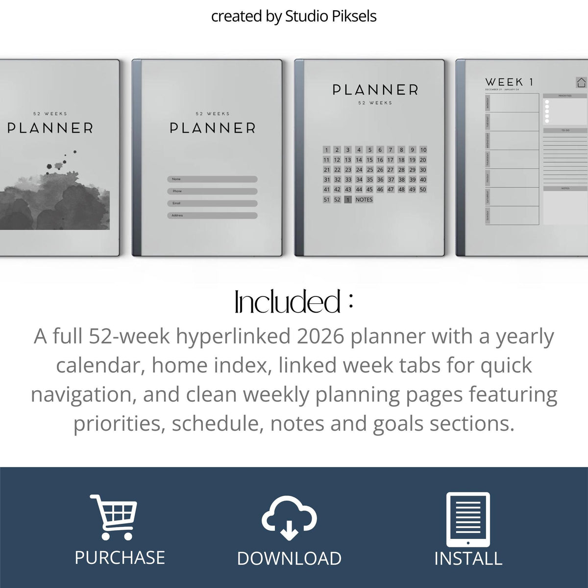 2026 Weekly Planner for reMarkable 2 and 1: Digital Hyperlinked Personal Calender With Weekly Overviews, Priorities, To-Do...