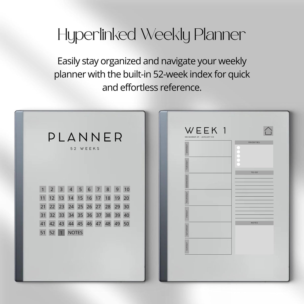 2026 Weekly Planner for reMarkable 2 and 1: Digital Hyperlinked Personal Calender With Weekly Overviews, Priorities, To-Do...