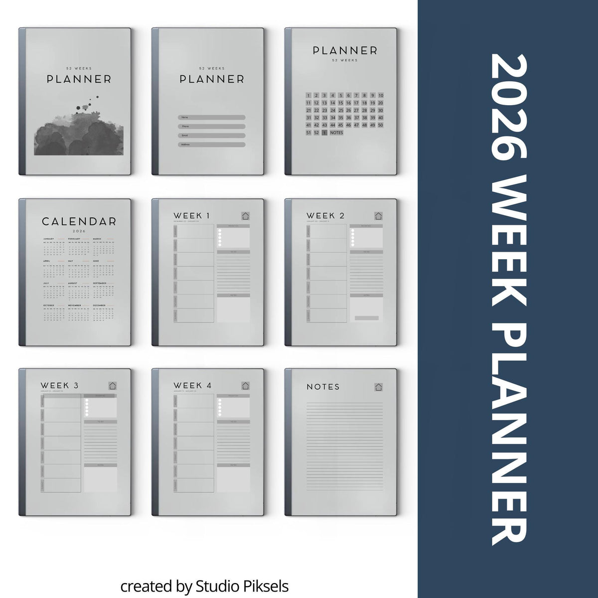 2026 Weekly Planner for reMarkable 2 and 1: Digital Hyperlinked Personal Calender With Weekly Overviews, Priorities, To-Do...