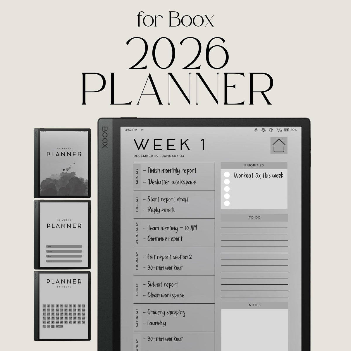 2026 Planner for BOOX devices with hyperlinked weekly planning pages, to-do sections, and minimalist productivity layouts.